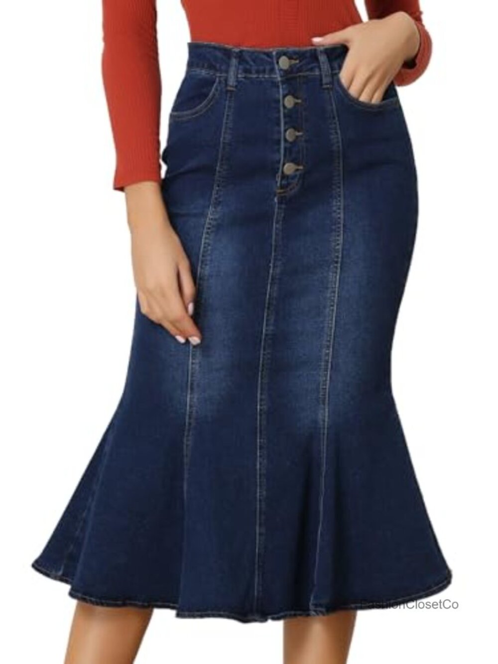 Women's Denim Midi Skirt Fishtail High Waist Casual Jean Skirt
